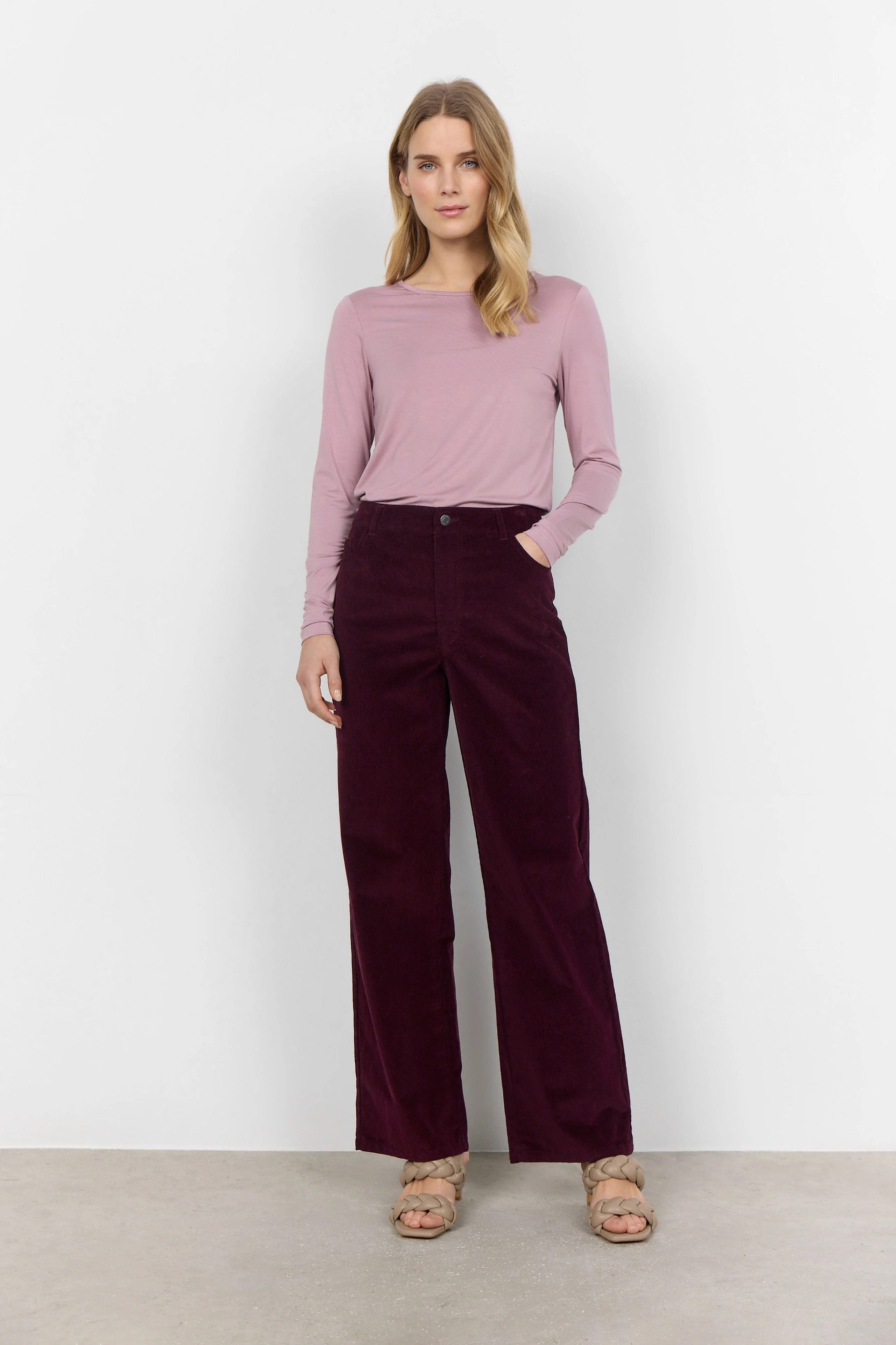 Ivalou Straight Leg Needlecord Trousers - Wine - Image 2