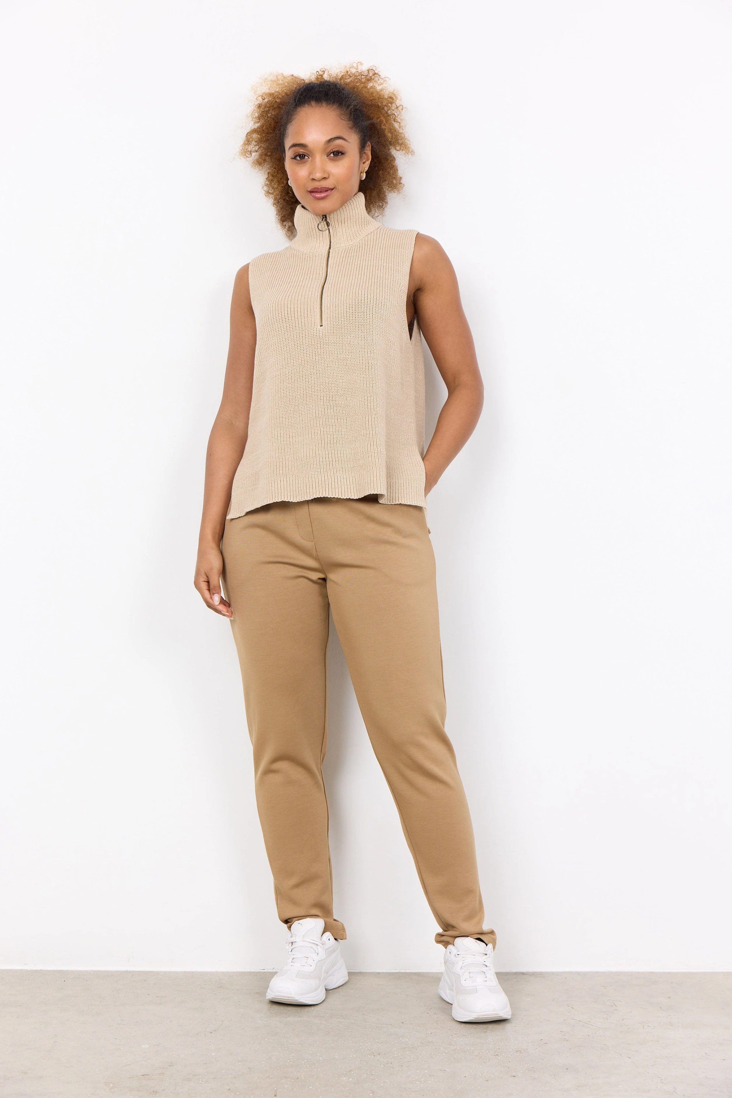 Julia Quarter Zip Sleeveless Jumper - Sand - Image 3
