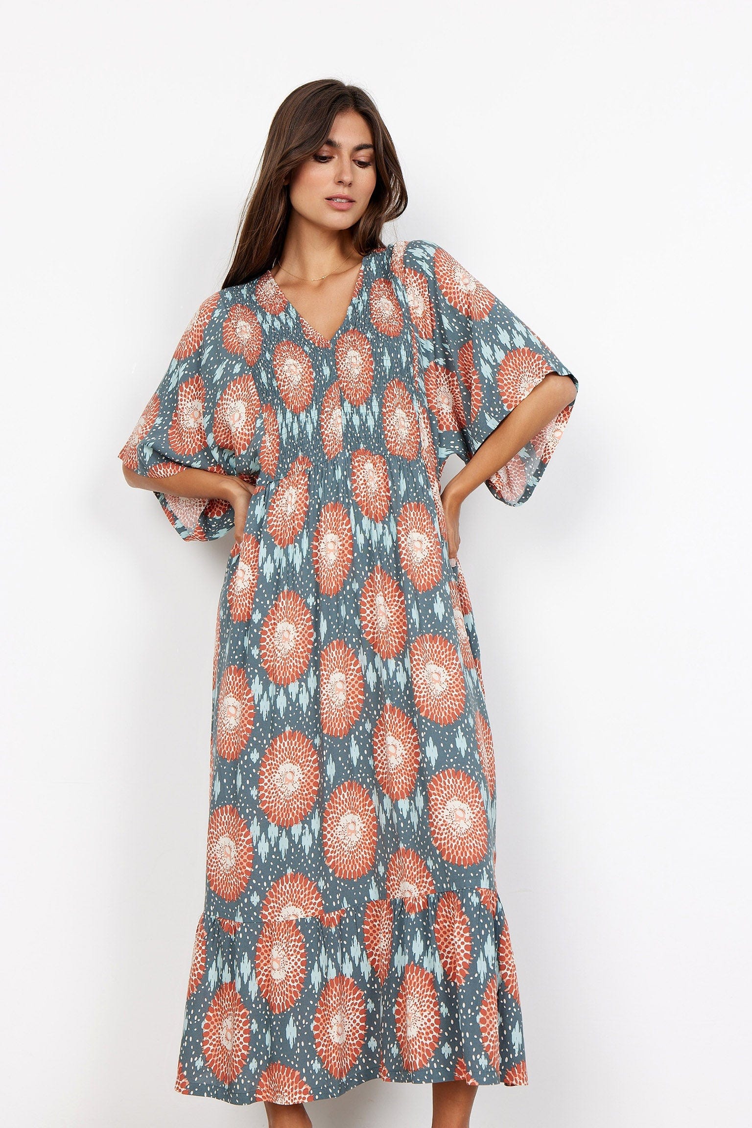 Leana Printed Batwing Dress - Dusty Red Combi - Image 3