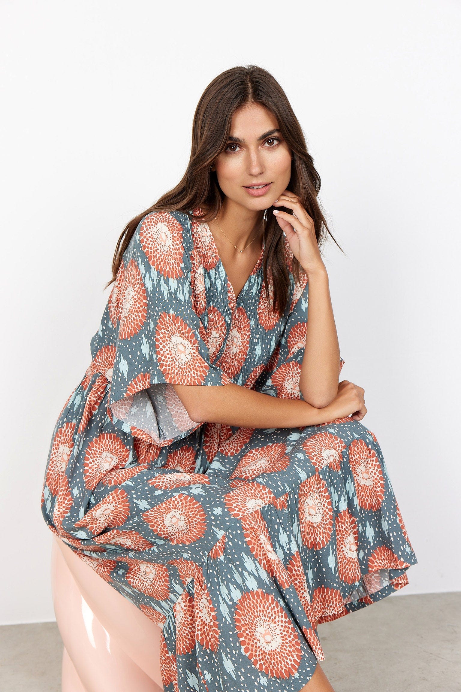 Leana Printed Batwing Dress - Dusty Red Combi - Image 5