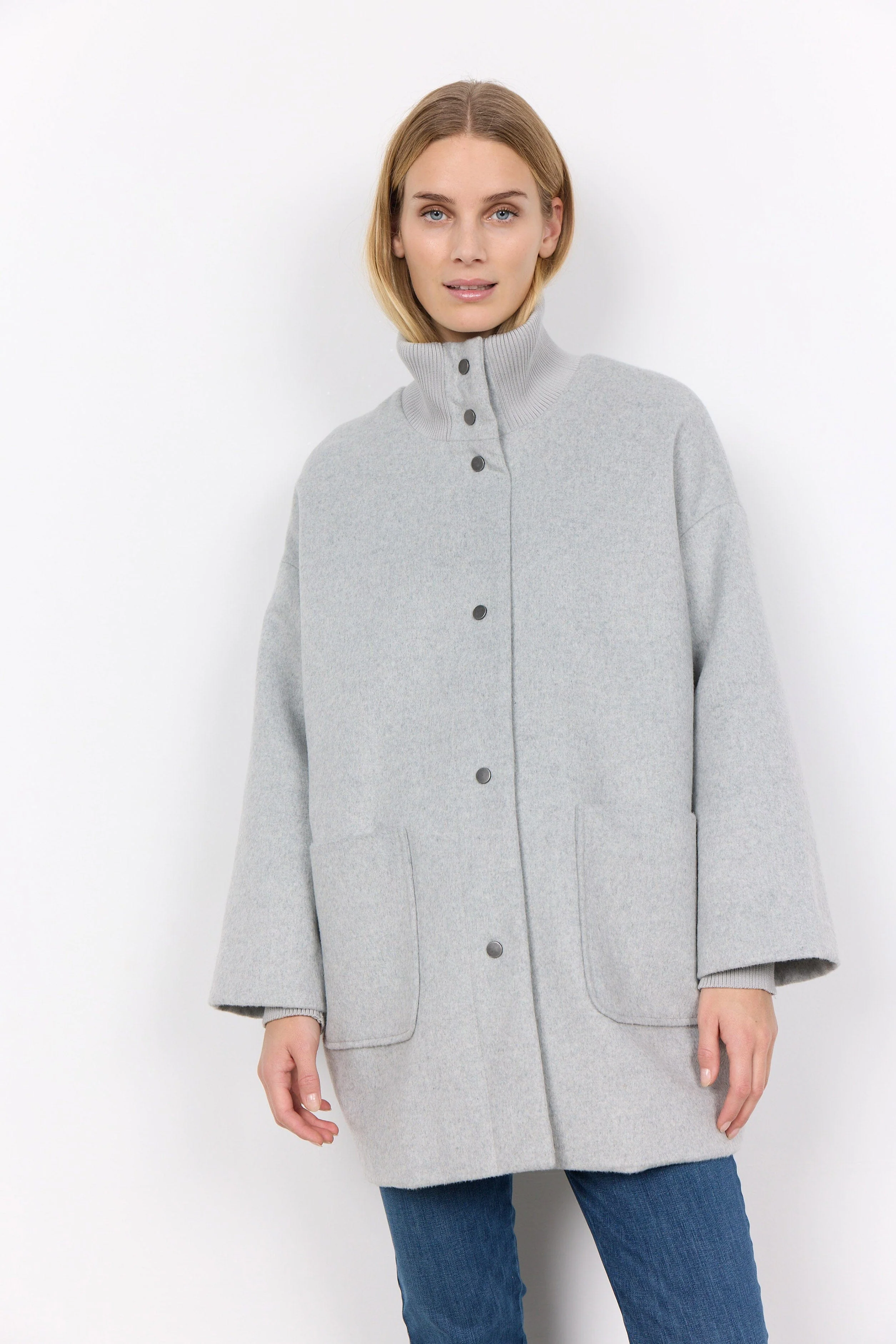 Madelon Longline Wool Blend Jacket - Light Grey Melange - Image 2