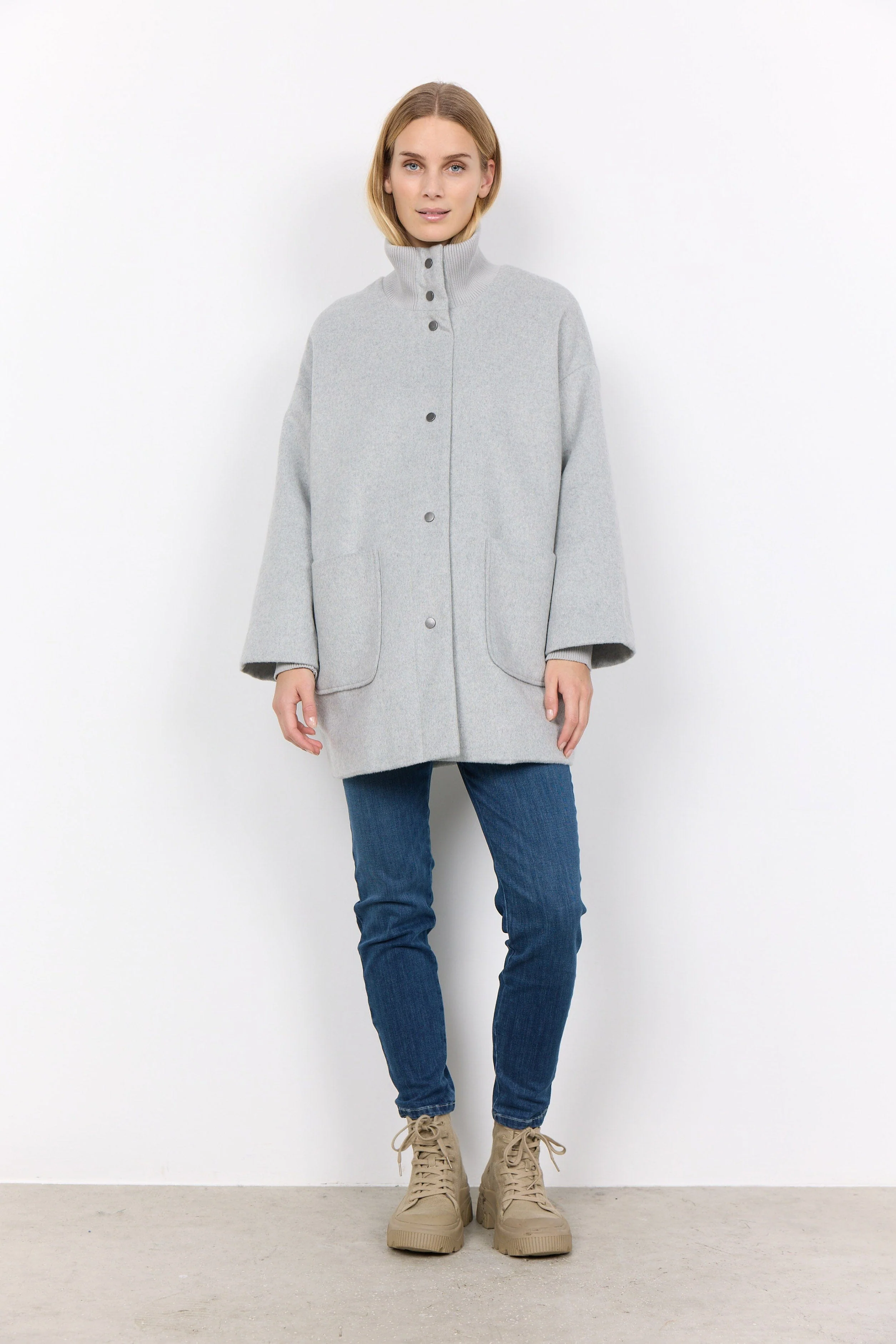 Madelon Longline Wool Blend Jacket - Light Grey Melange - Image 3