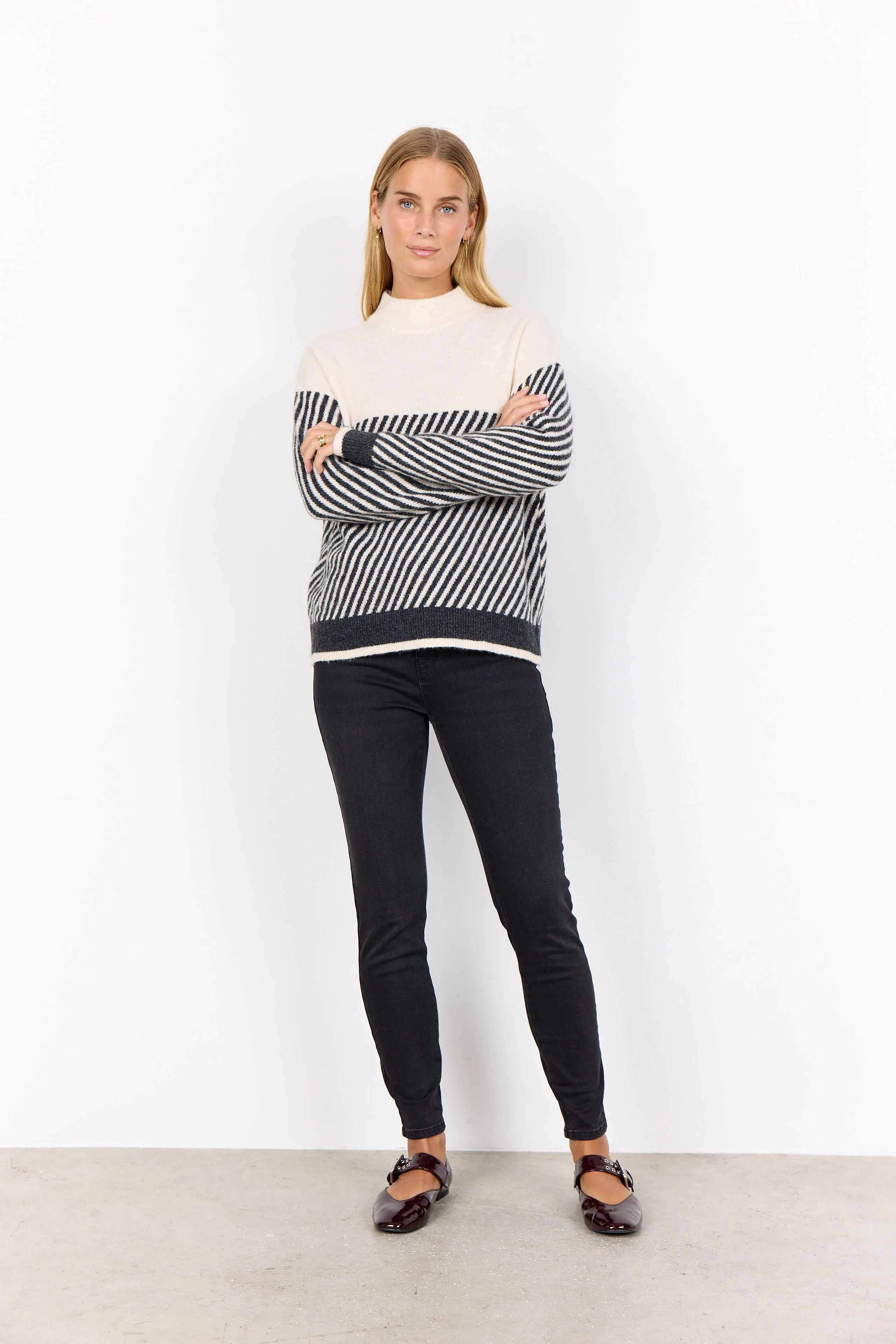 Nessie Stripe Wool Blend Jumper - Cream Melange Combi - Image 2