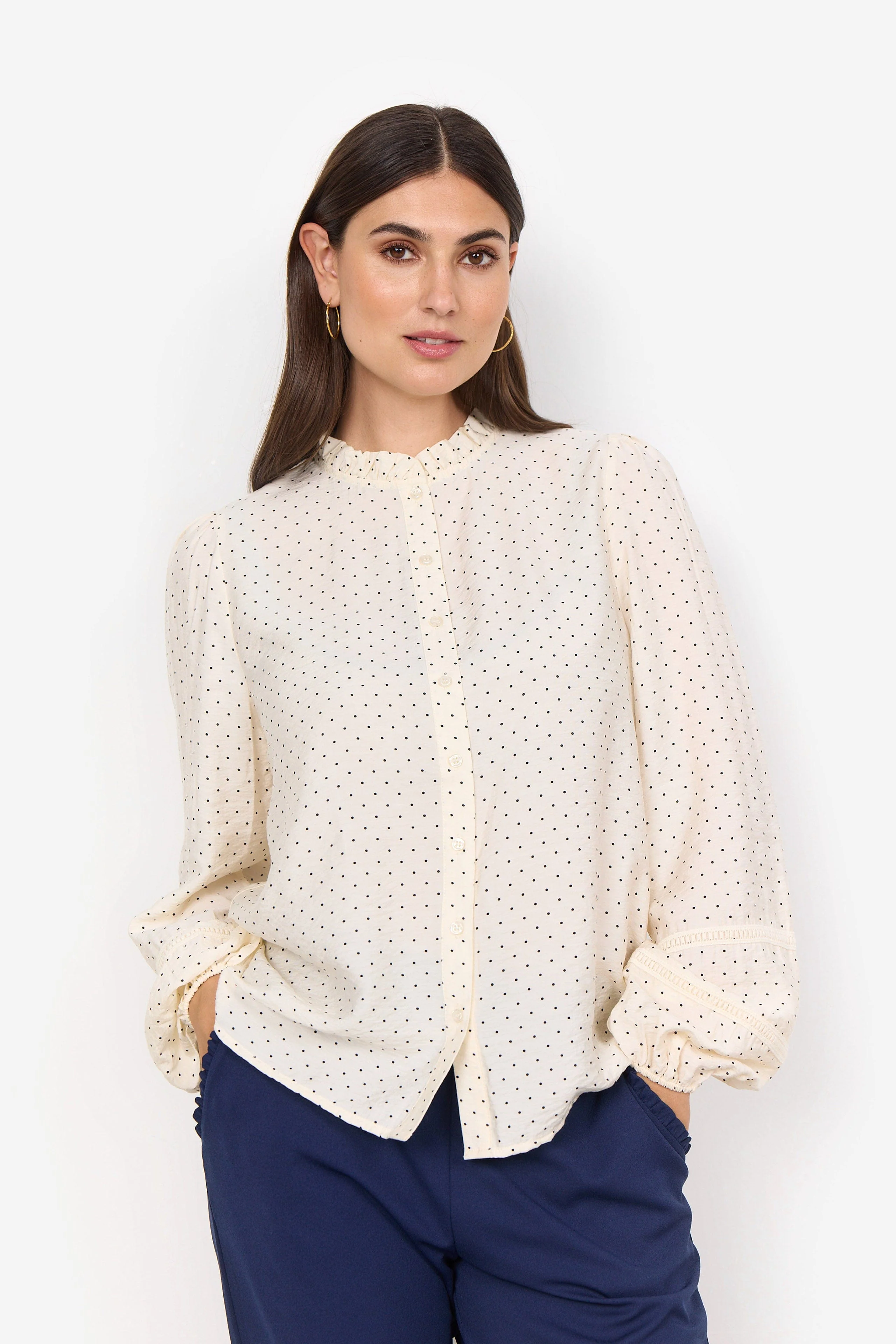 Orit Embroidery Detail Spotty Blouse - Cream Combi - Image 2