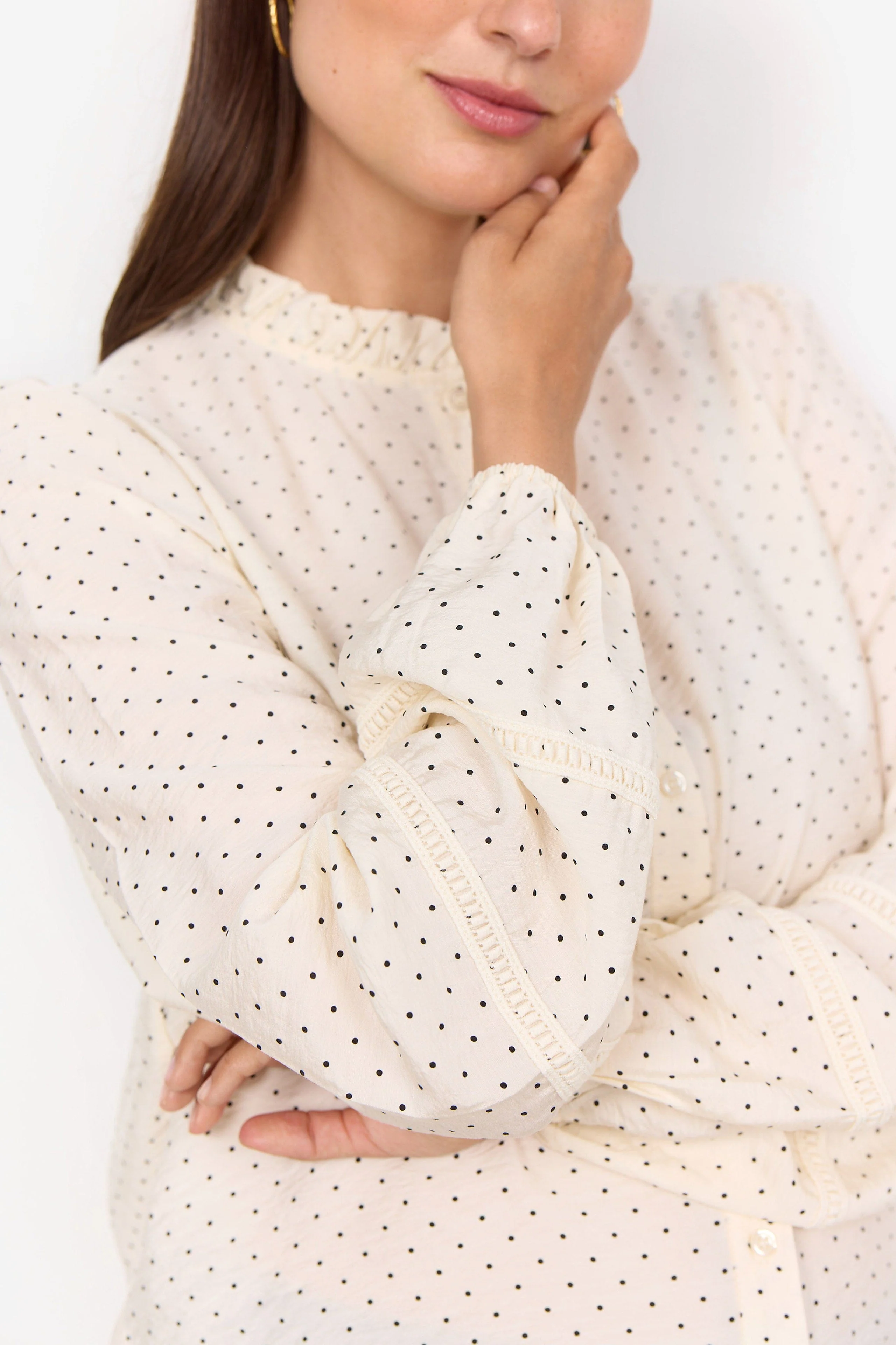 Orit Embroidery Detail Spotty Blouse - Cream Combi - Image 5