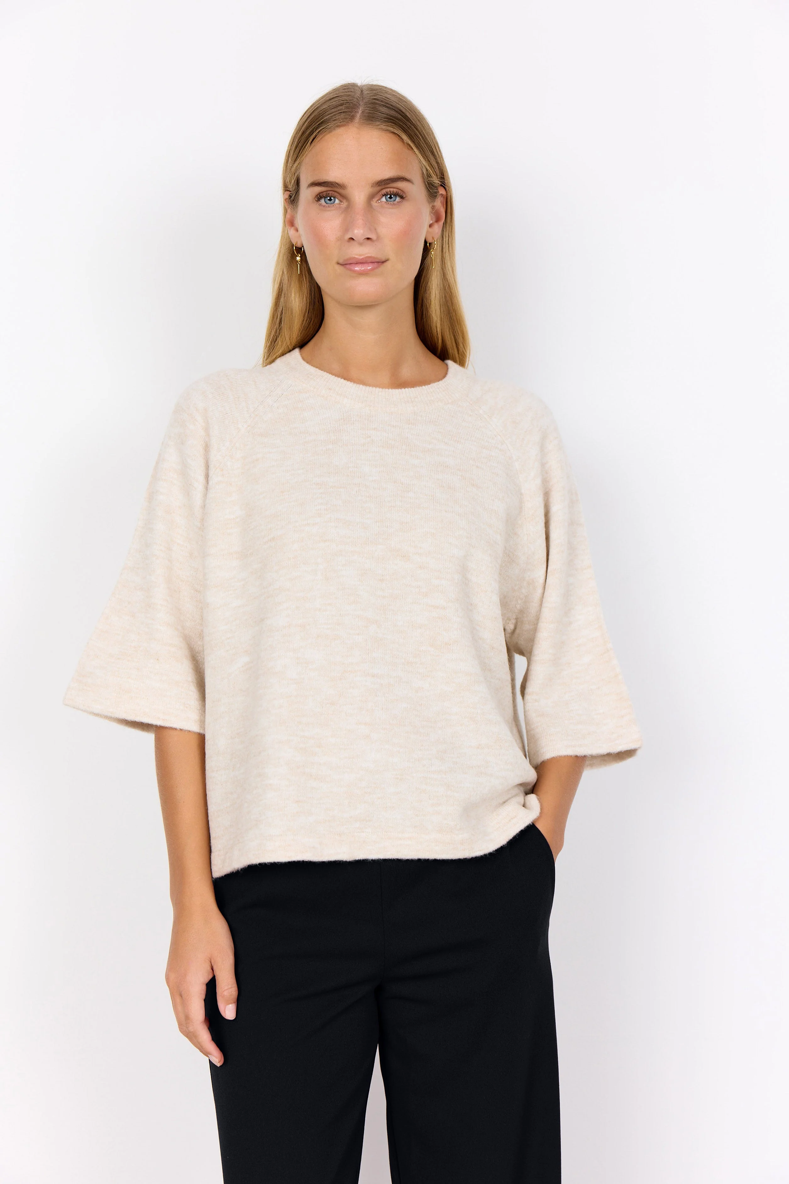 Orlean Knitted 3/4 Sleeve Jumper - Cream Melange - Image 2