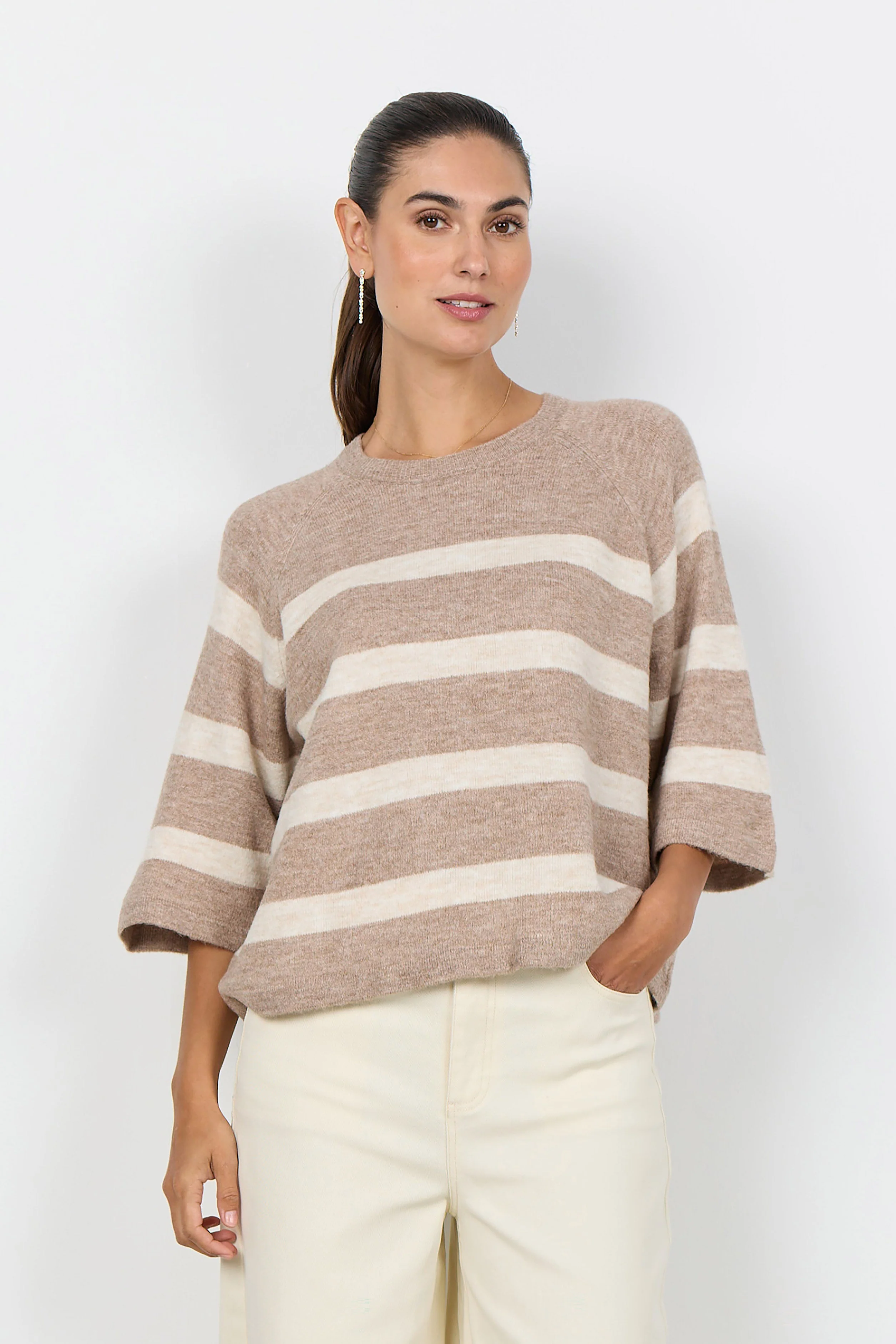 Orlean Stripe Knitted 3/4 Sleeve Jumper - Sand Melange Combi - Image 2