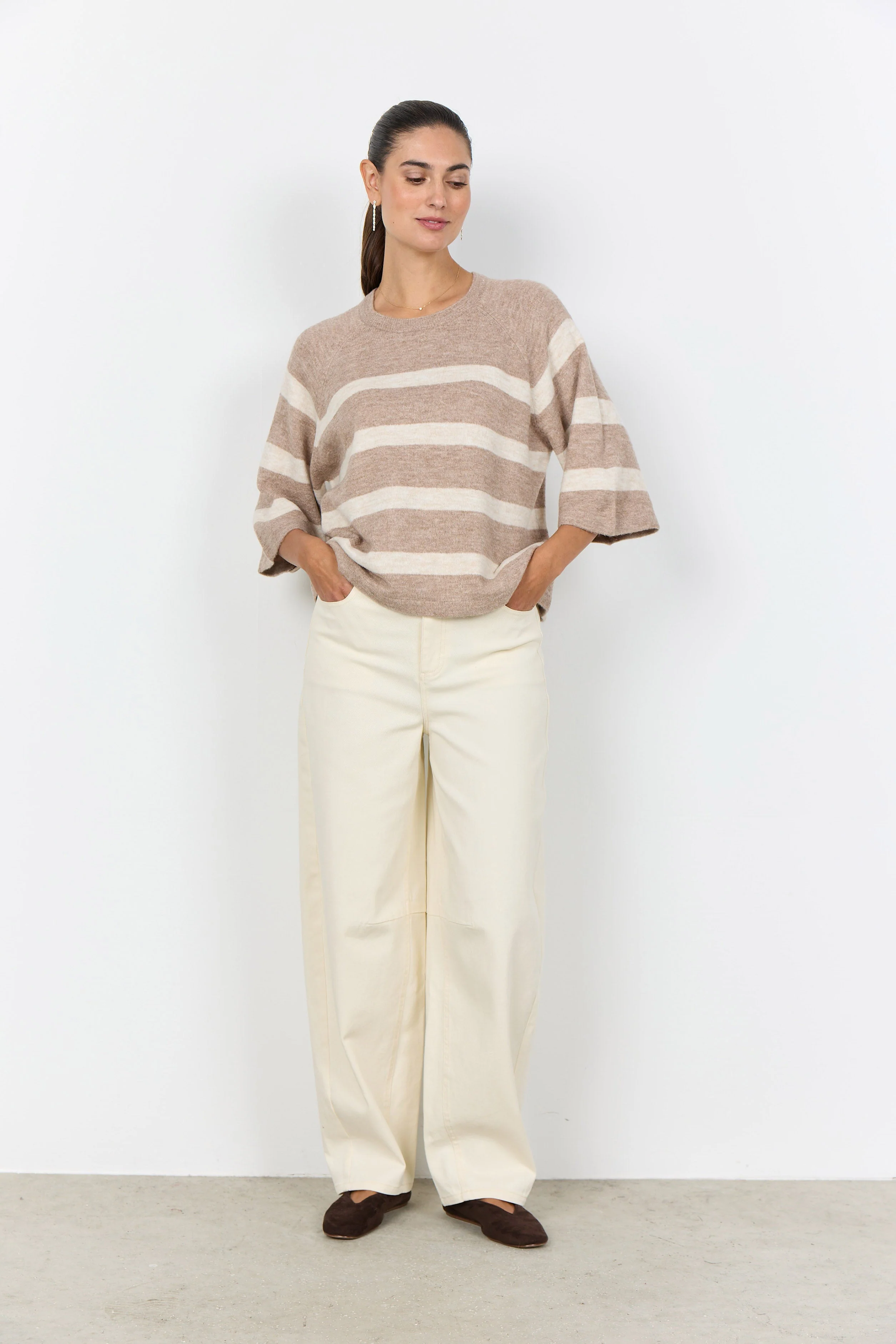 Orlean Stripe Knitted 3/4 Sleeve Jumper - Sand Melange Combi - Image 3