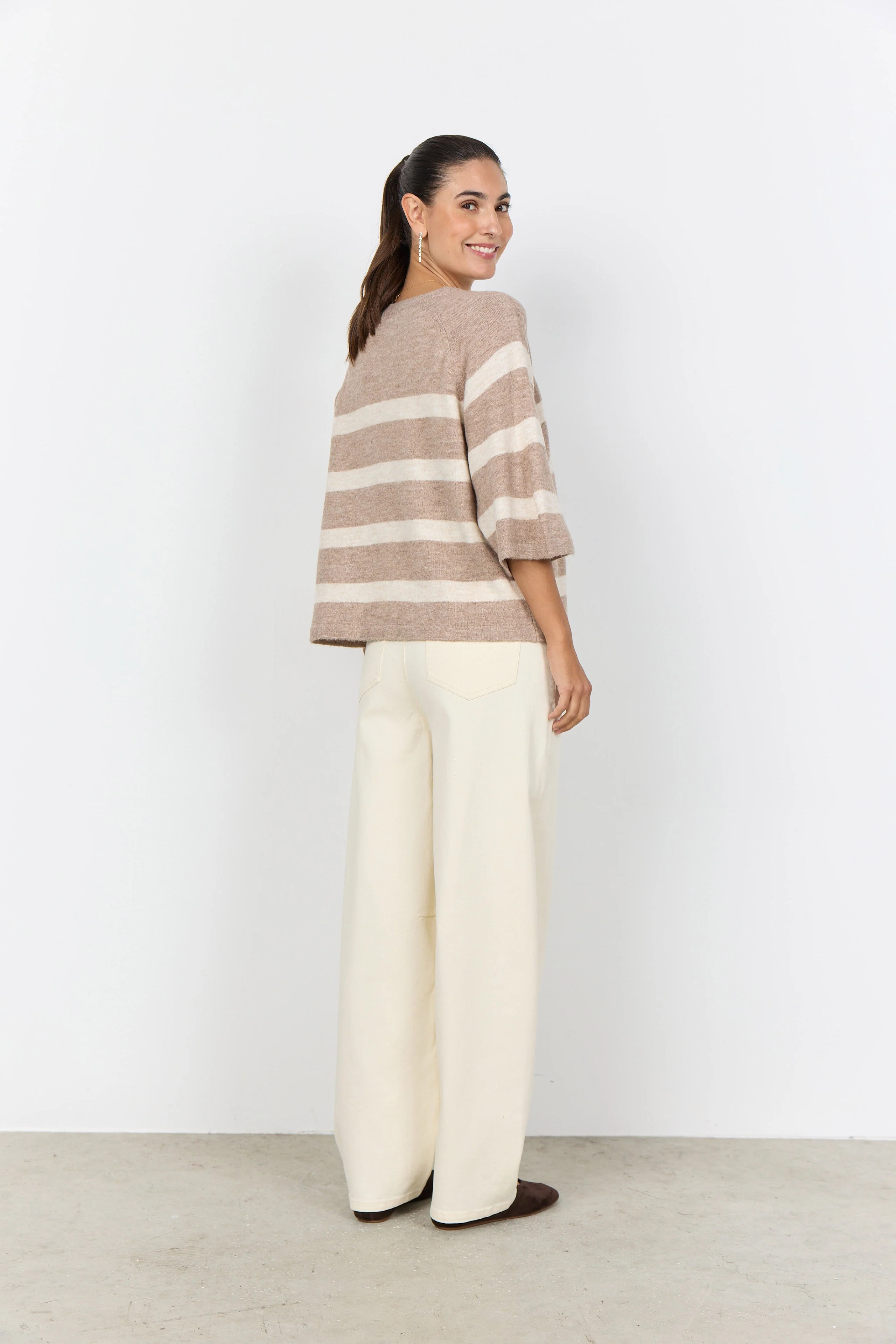 Orlean Stripe Knitted 3/4 Sleeve Jumper - Sand Melange Combi - Image 4