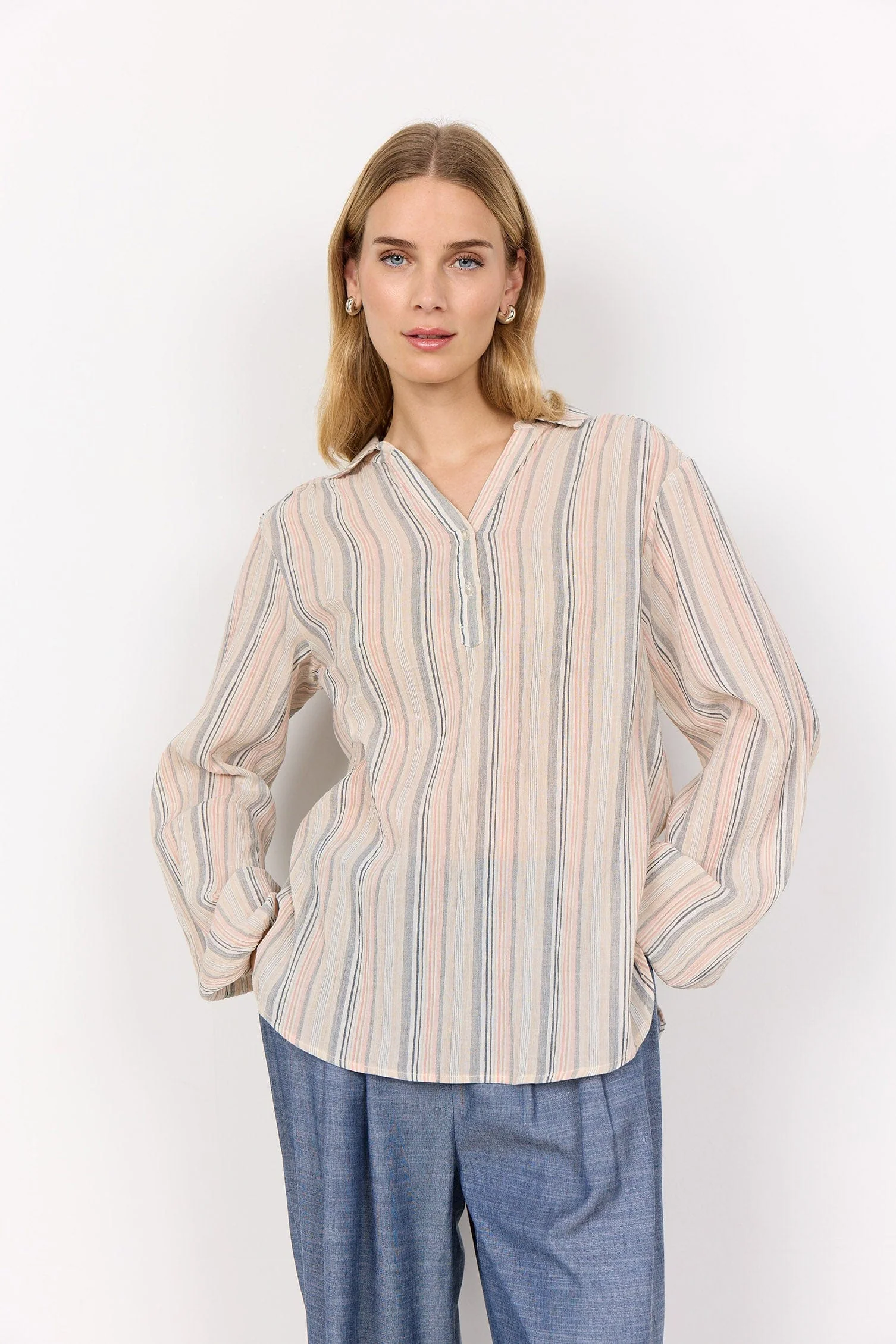 Patti Stripe Organic Cotton Blouse - Peach Pink Combi - Image 2