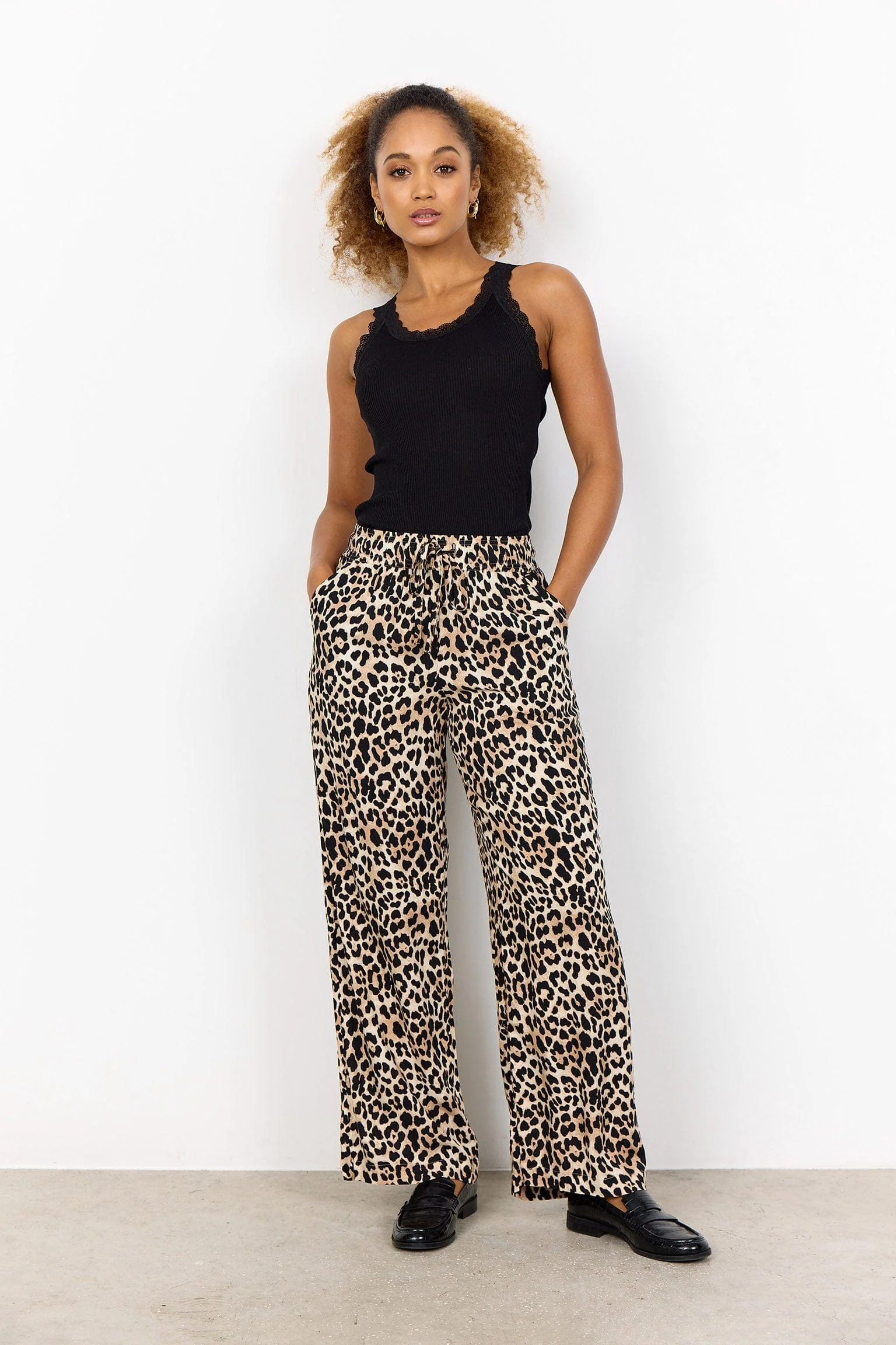 Pietta Leopard Print Elastic Waist Trousers - Sand Combi - Image 3