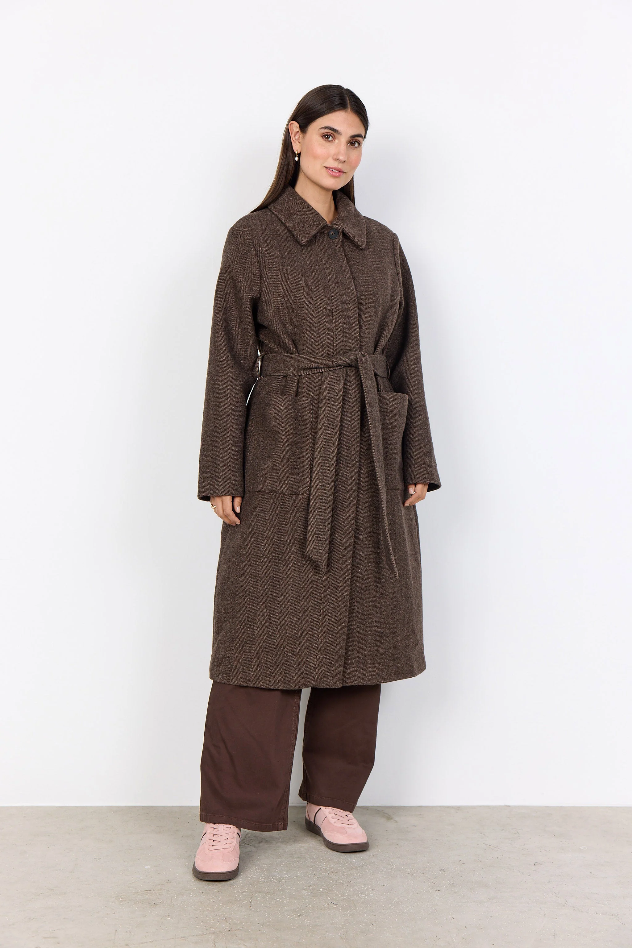 Shakira Wool Blend Belted Longline Coat - Hot Fudge Combi - Image 2
