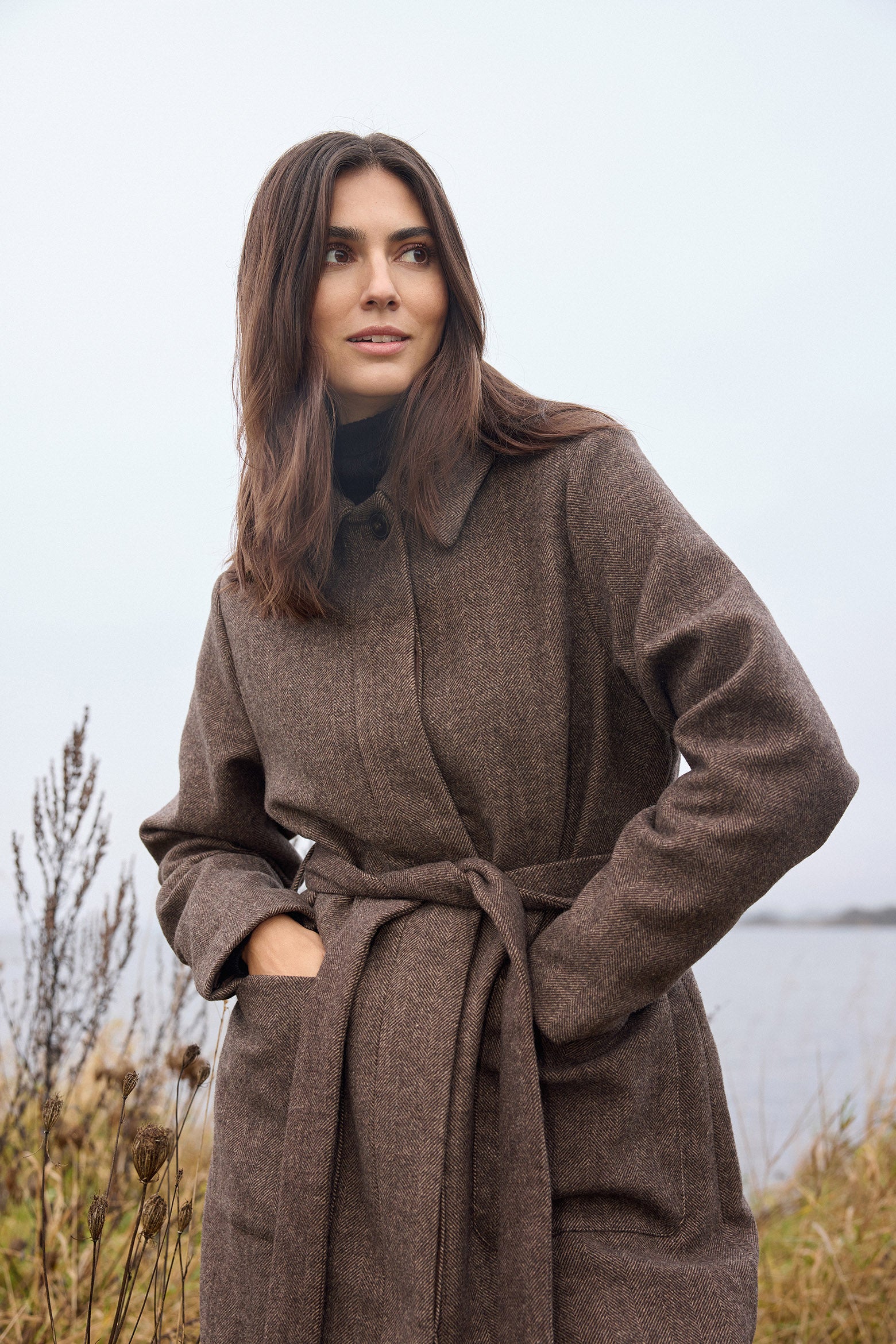 Shakira Wool Blend Belted Longline Coat - Hot Fudge Combi - Image 6