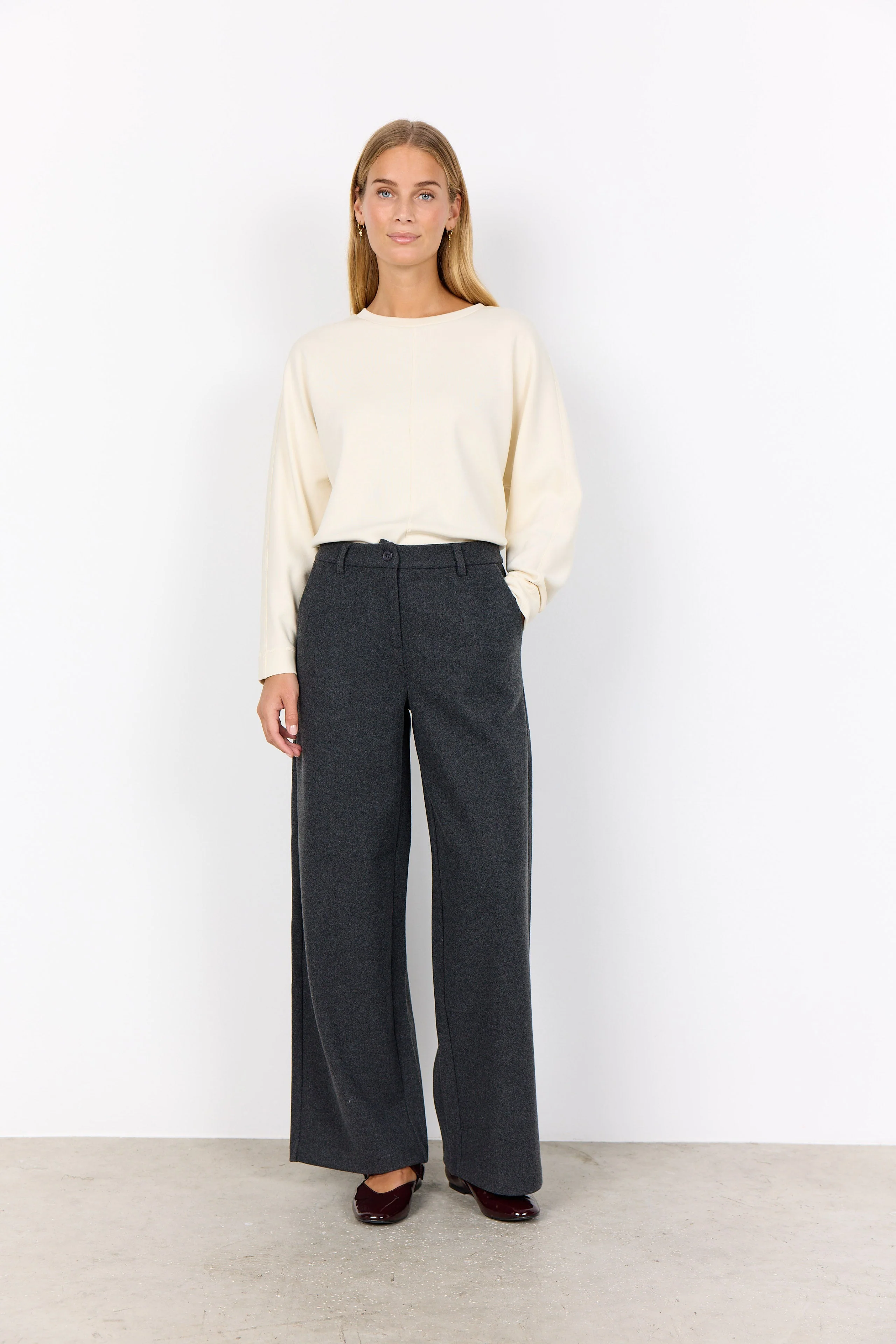 Vagna Wool Blend Wide Leg Trousers - Dark Earth Melange - Image 2