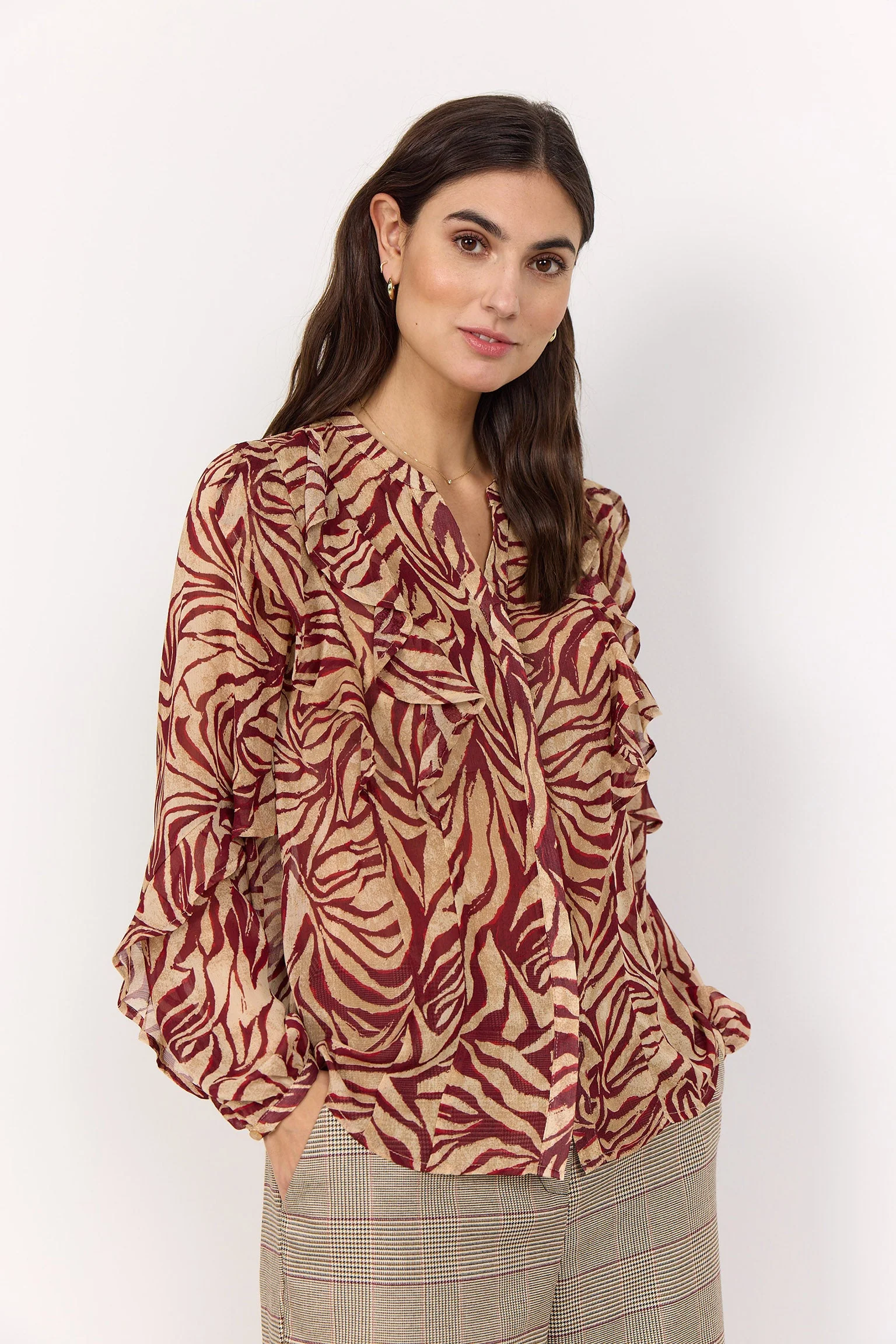 Valborg Printed Ruffle Detail Blouse - Red Combi - Image 5