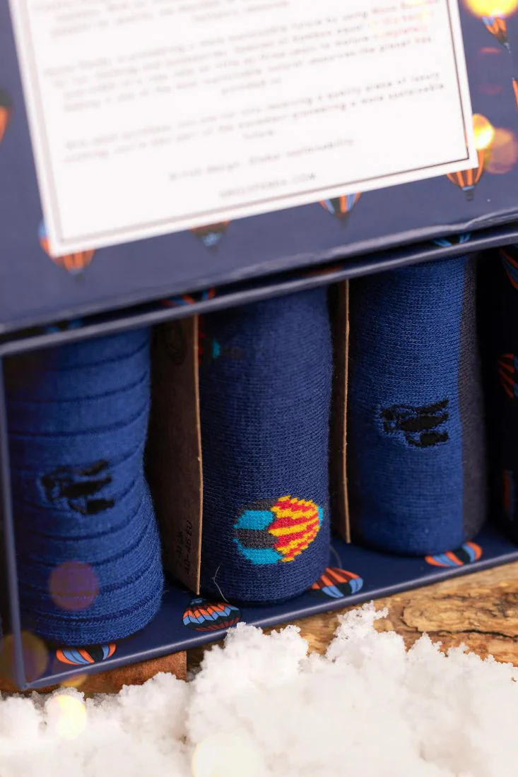 Hot Air Balloon Box of 3 Bamboo Socks - Blue - Image 2
