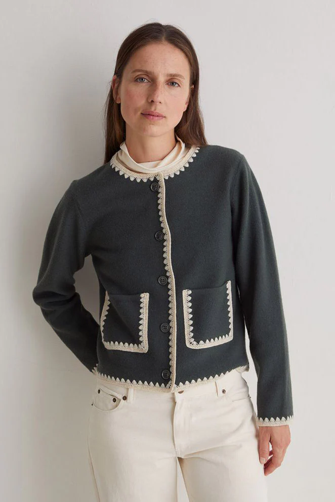 Boiled Wool Trim Detail Cardigan - Forest Grey