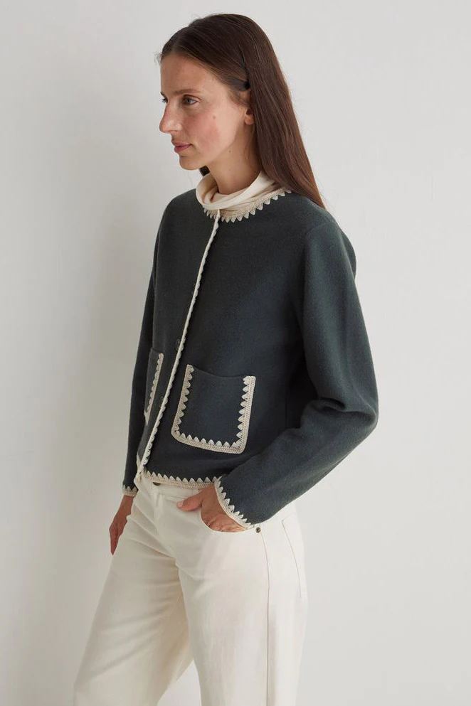 Boiled Wool Trim Detail Cardigan - Forest Grey - Image 2