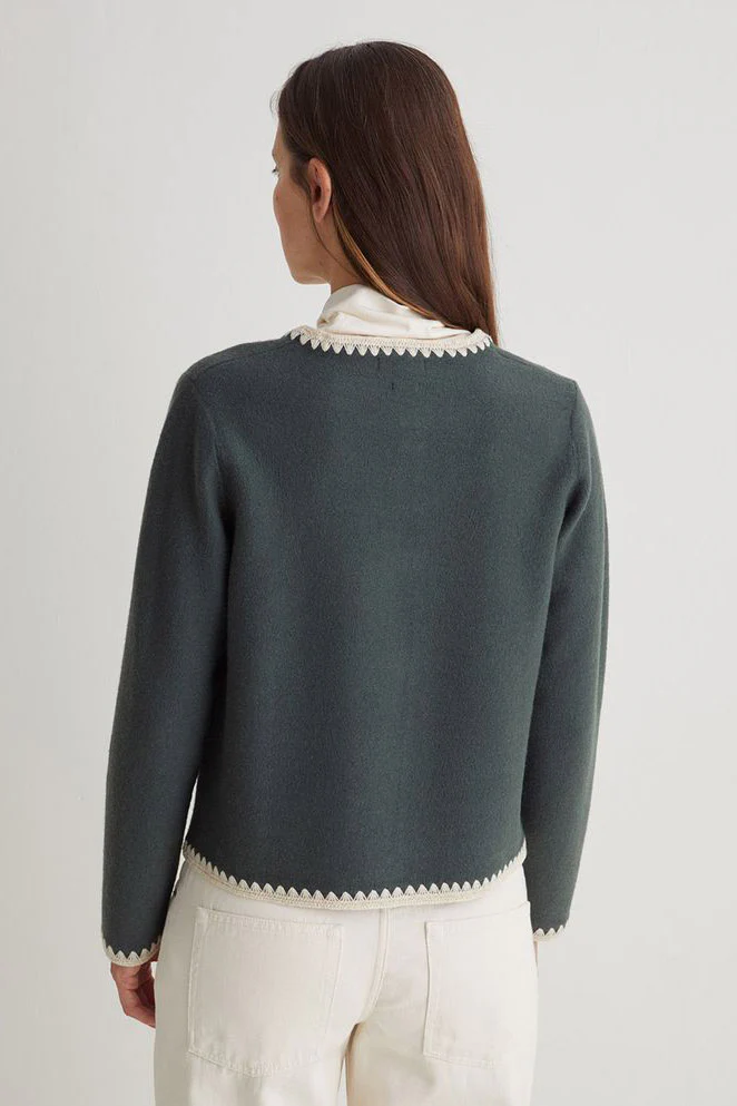 Boiled Wool Trim Detail Cardigan - Forest Grey - Image 3