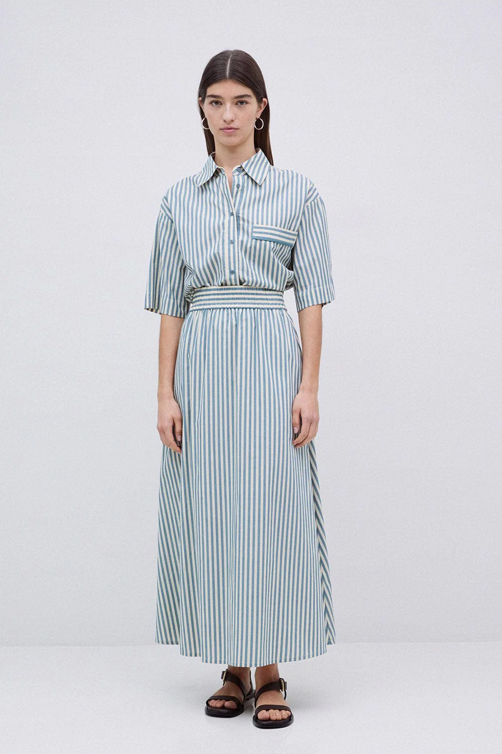 Bubble Cotton Stripe Midi Skirt - Green - Image 2