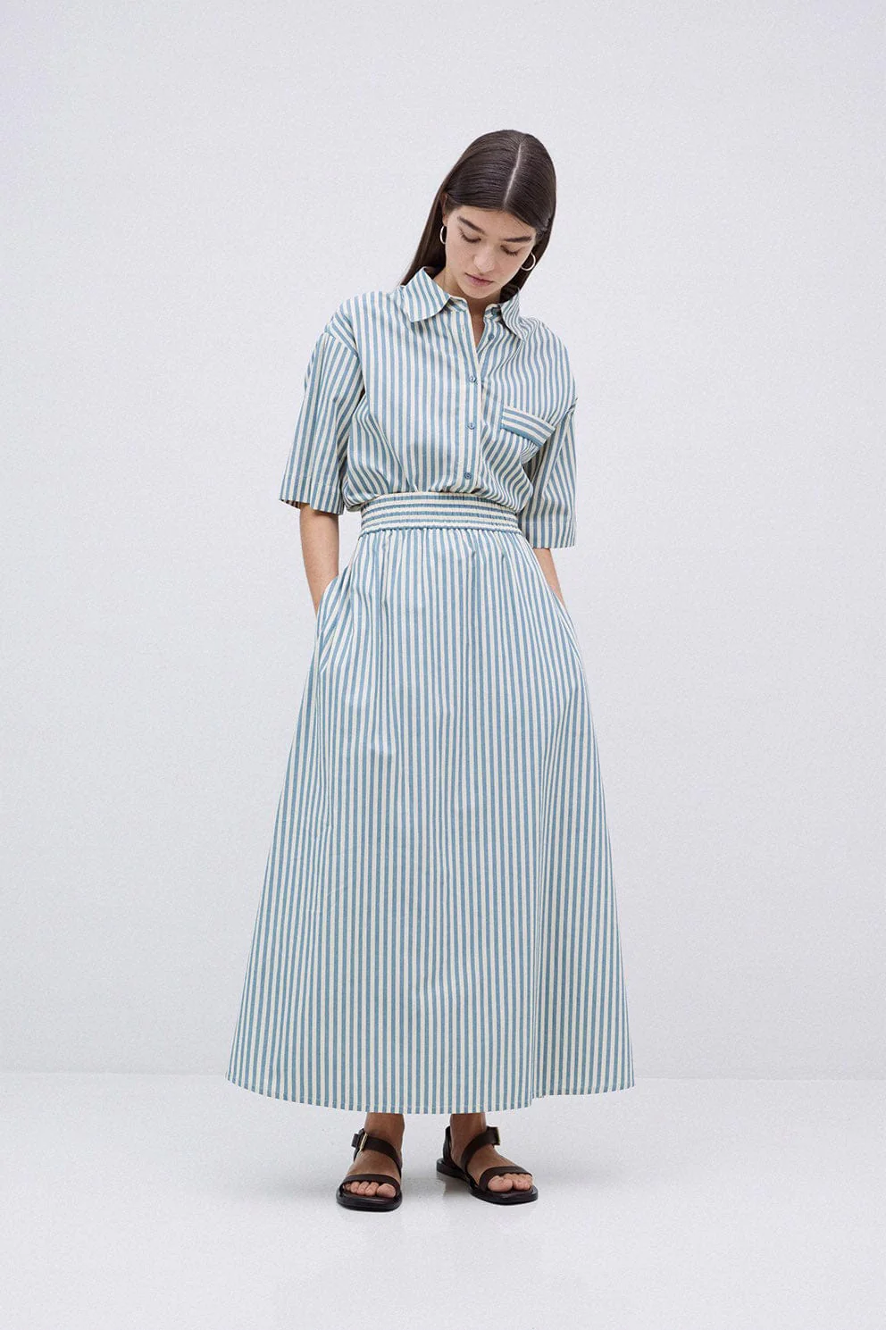 Bubble Cotton Stripe Midi Skirt - Green - Image 4