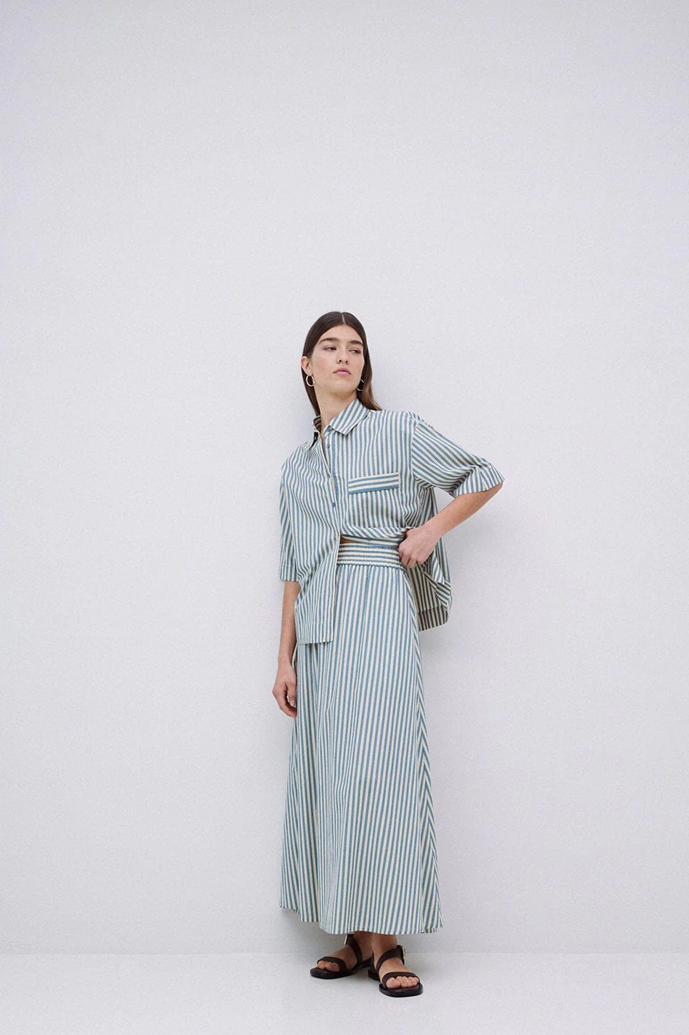 Bubble Cotton Stripe Midi Skirt - Green - Image 5