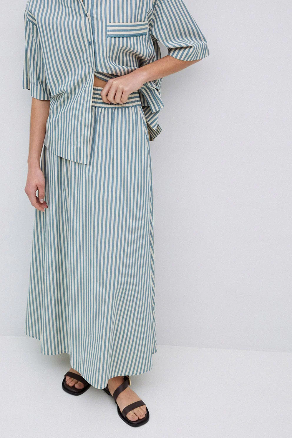 Bubble Cotton Stripe Midi Skirt - Green - Image 6