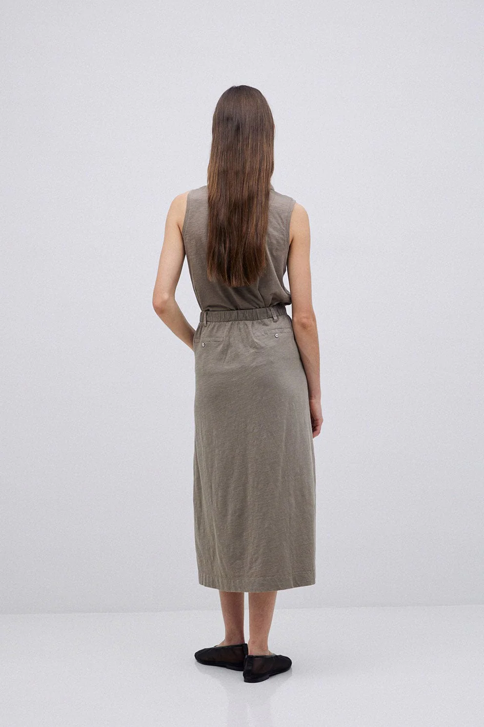 Claudie Cotton/Linen Midi Skirt - Kaki - Image 3