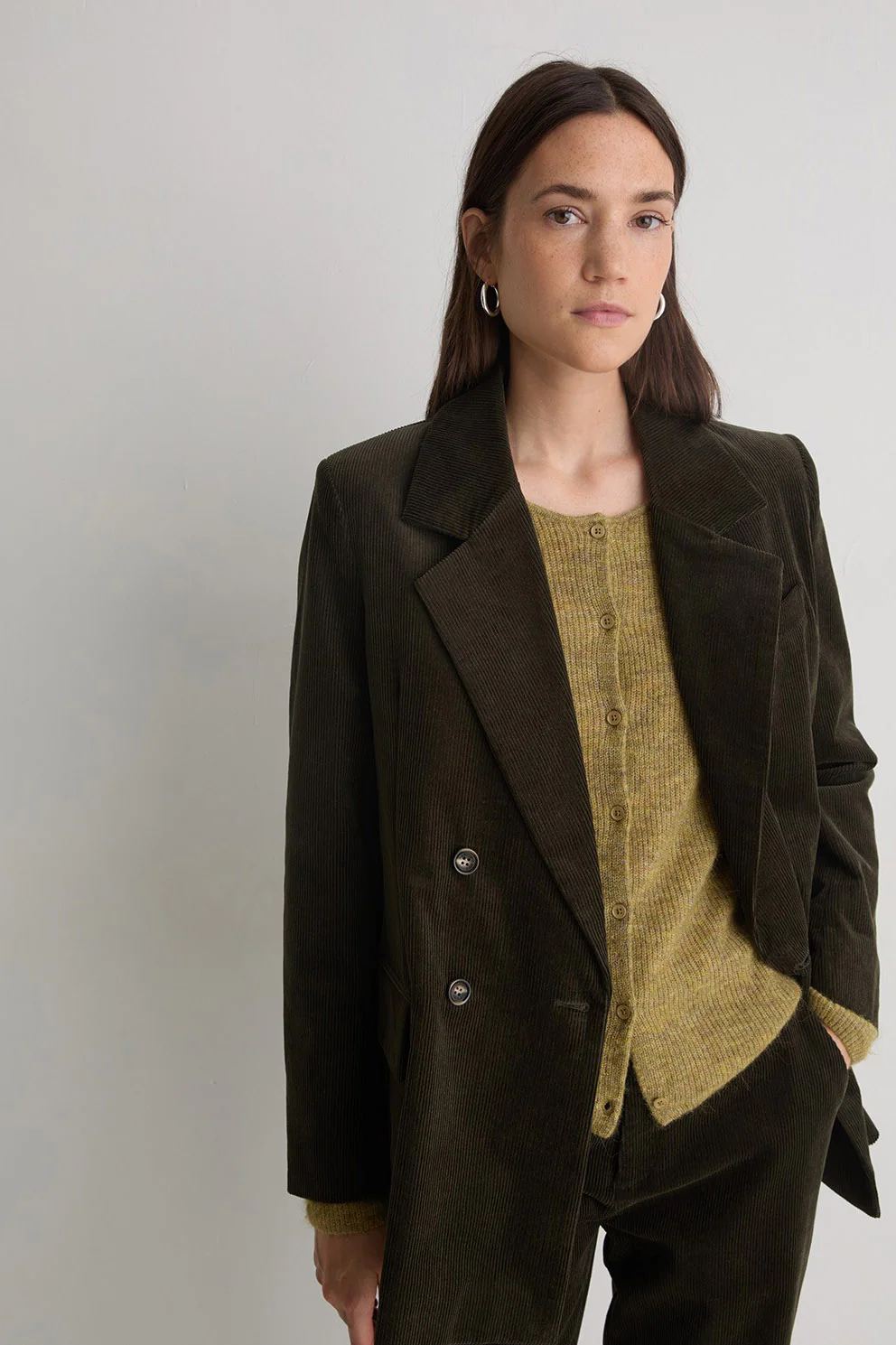 Cord Double-Breasted Straight Blazer - Olive - Image 3
