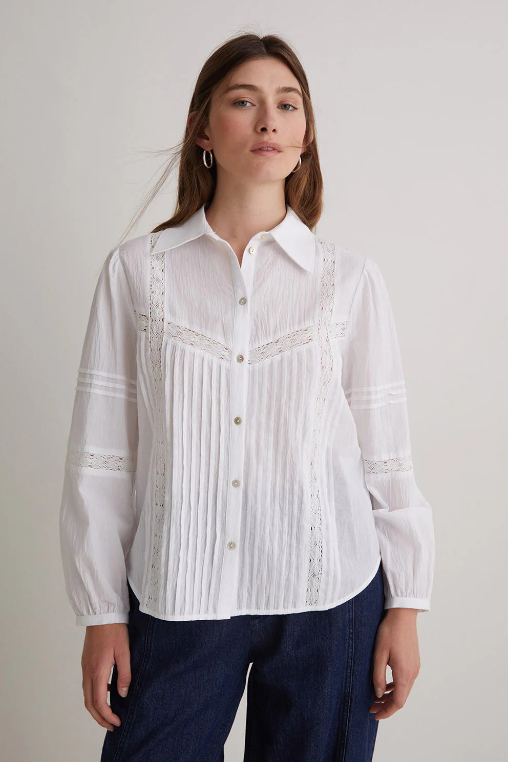 Cotton Shirt with Decorative Stitching - White - Image 2