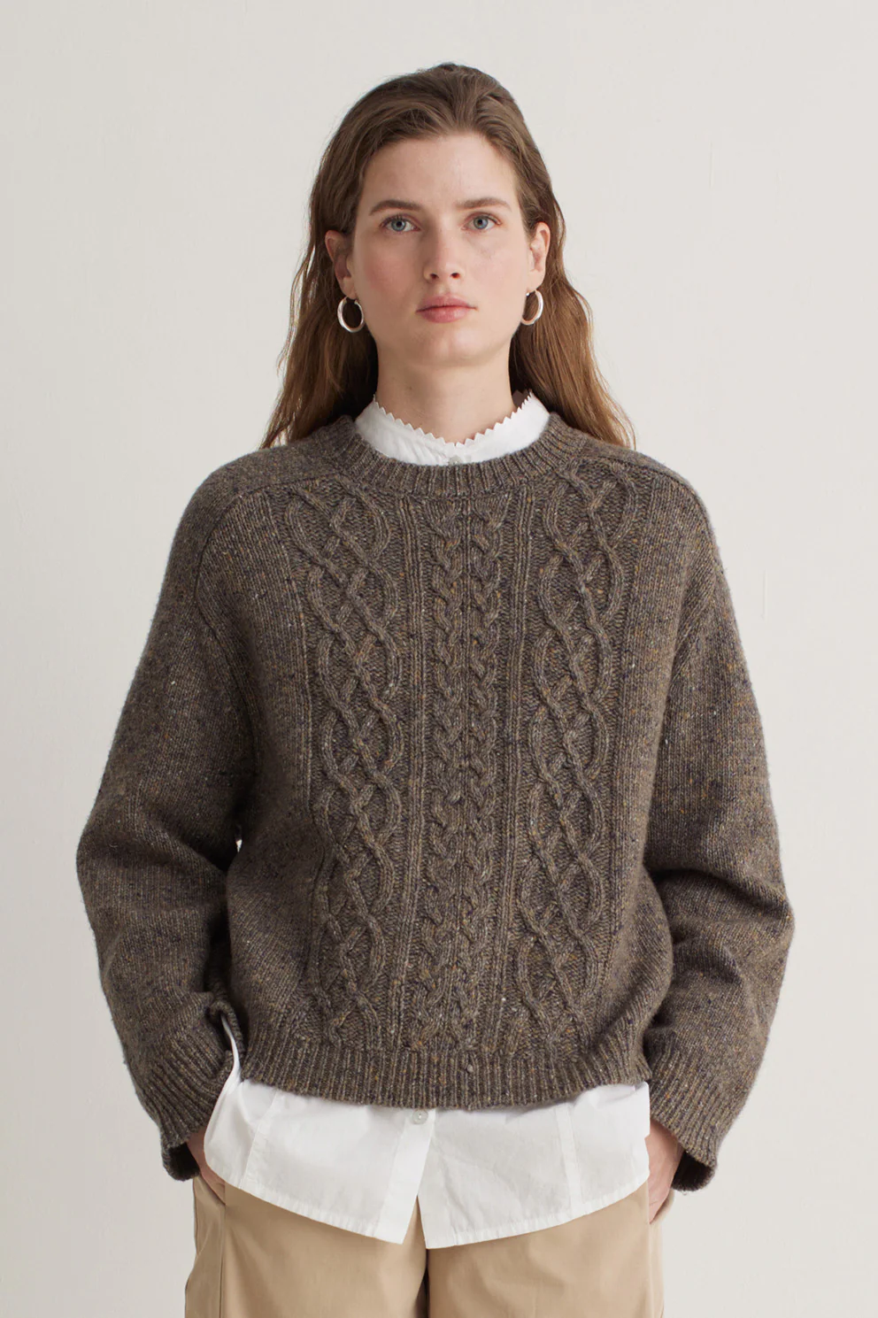 Extrafine Merino Wool Blend Cable Knit Jumper - Brown