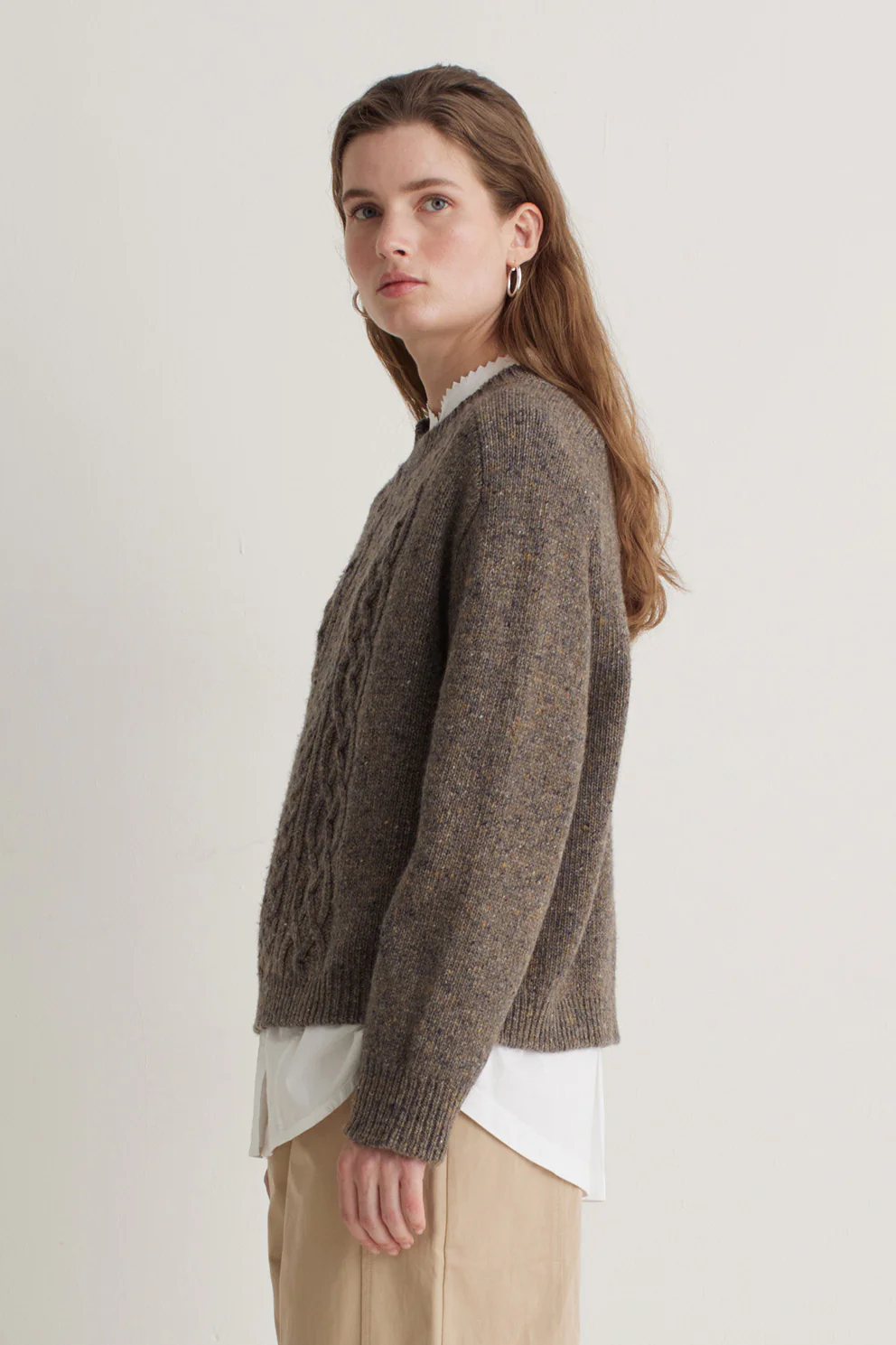 Extrafine Merino Wool Blend Cable Knit Jumper - Brown - Image 5