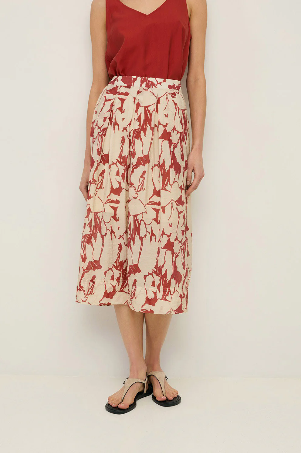 Floral Printed Midi Skirt - Dark Red