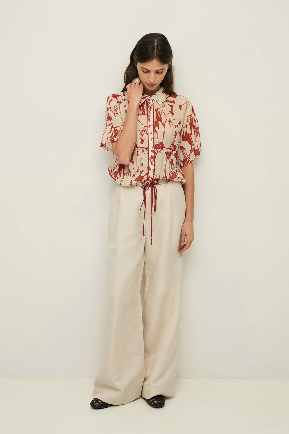 Floral Tie Waist Shirt - Dark Red