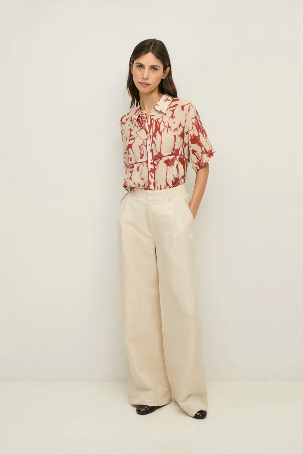 Floral Tie Waist Shirt - Dark Red - Image 2
