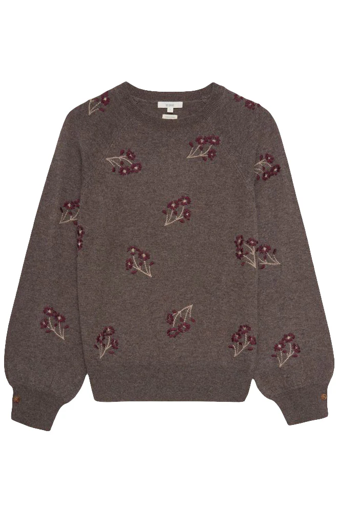 Flower Embroidered Wool Blend Jumper - Stone/Maroon