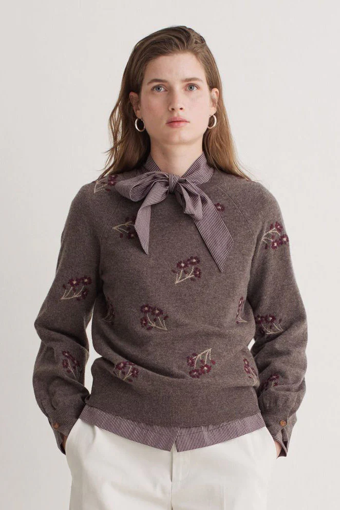 Flower Embroidered Wool Blend Jumper - Stone/Maroon - Image 2