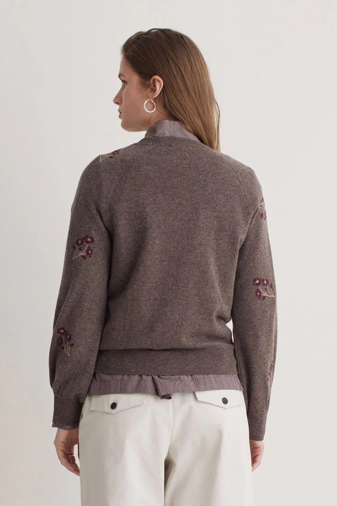 Flower Embroidered Wool Blend Jumper - Stone/Maroon - Image 3