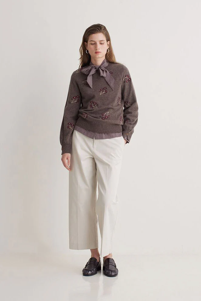 Flower Embroidered Wool Blend Jumper - Stone/Maroon - Image 4