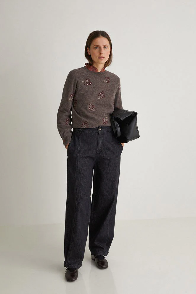 Flower Embroidered Wool Blend Jumper - Stone/Maroon - Image 5