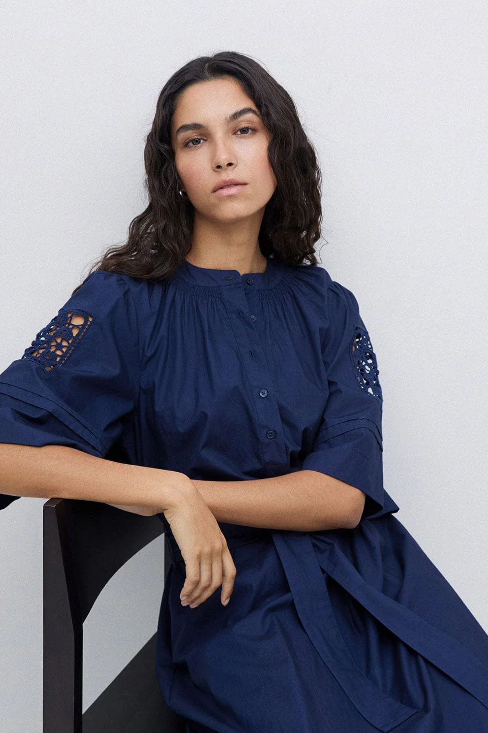 Hanoi Cotton Broderie Anglaise Detail Dress - Navy - Image 6