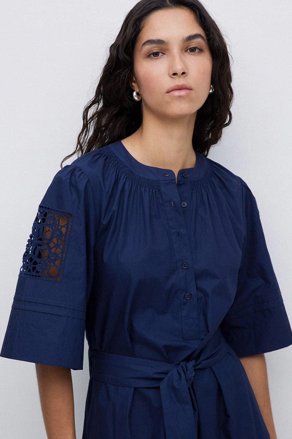 Hanoi Cotton Broderie Anglaise Detail Dress - Navy - Image 7