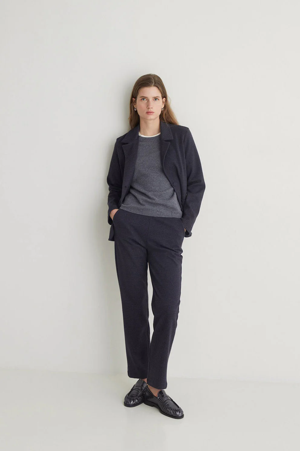 Jacquard Check Knit Blazer - Navy - Image 5