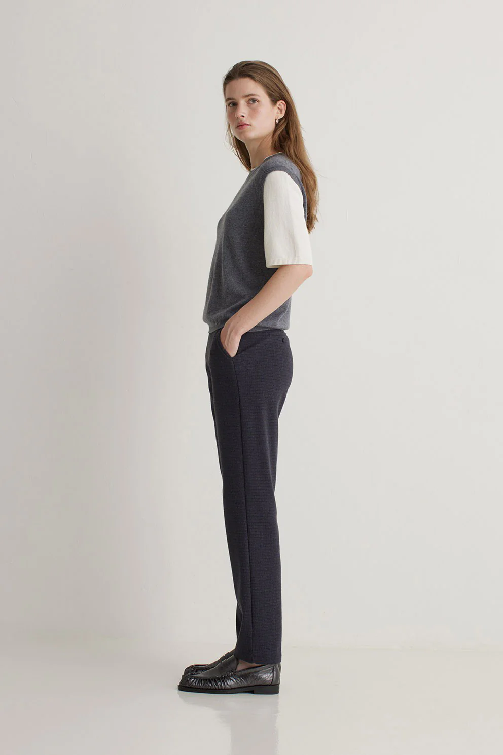 Jacquard Check Straight Trousers - Navy/Brown - Image 4