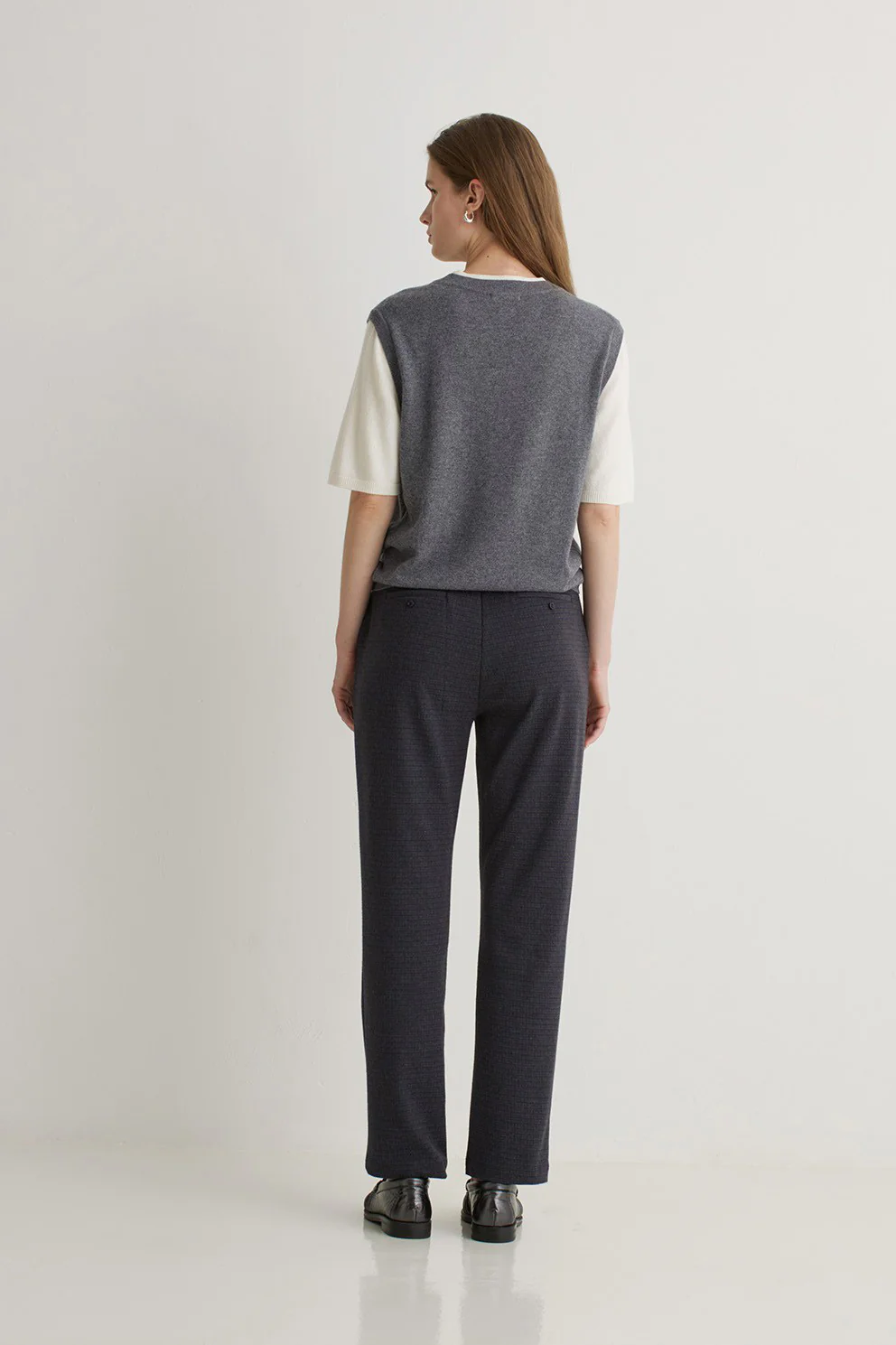 Jacquard Check Straight Trousers - Navy/Brown - Image 5