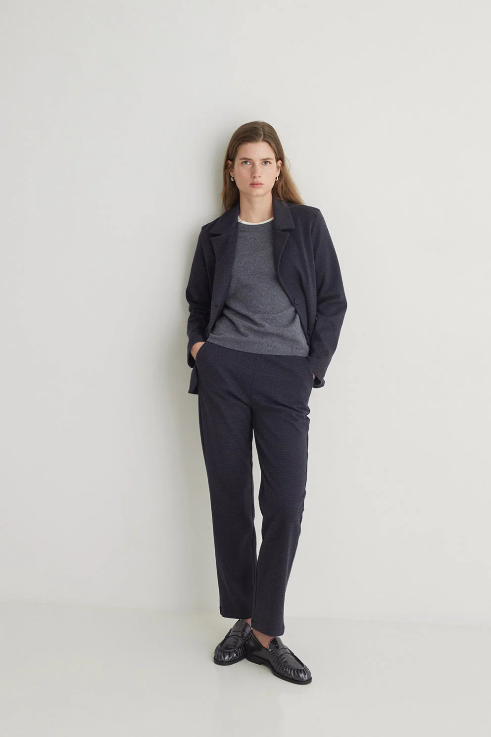 Jacquard Check Straight Trousers - Navy/Brown - Image 6