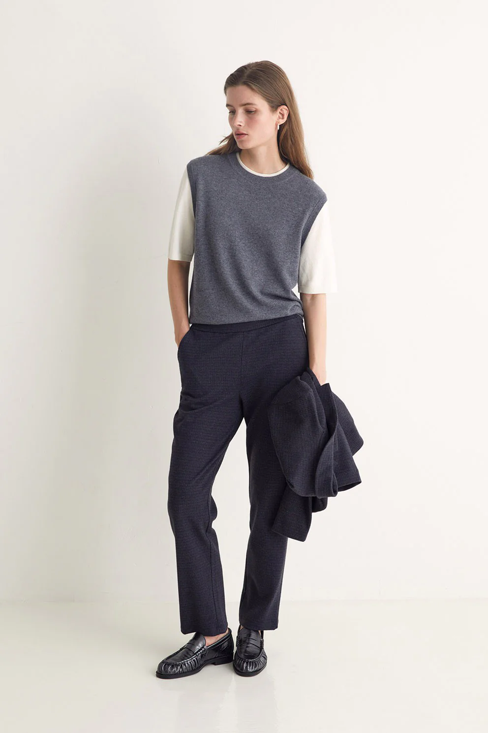 Jacquard Check Straight Trousers - Navy/Brown - Image 7