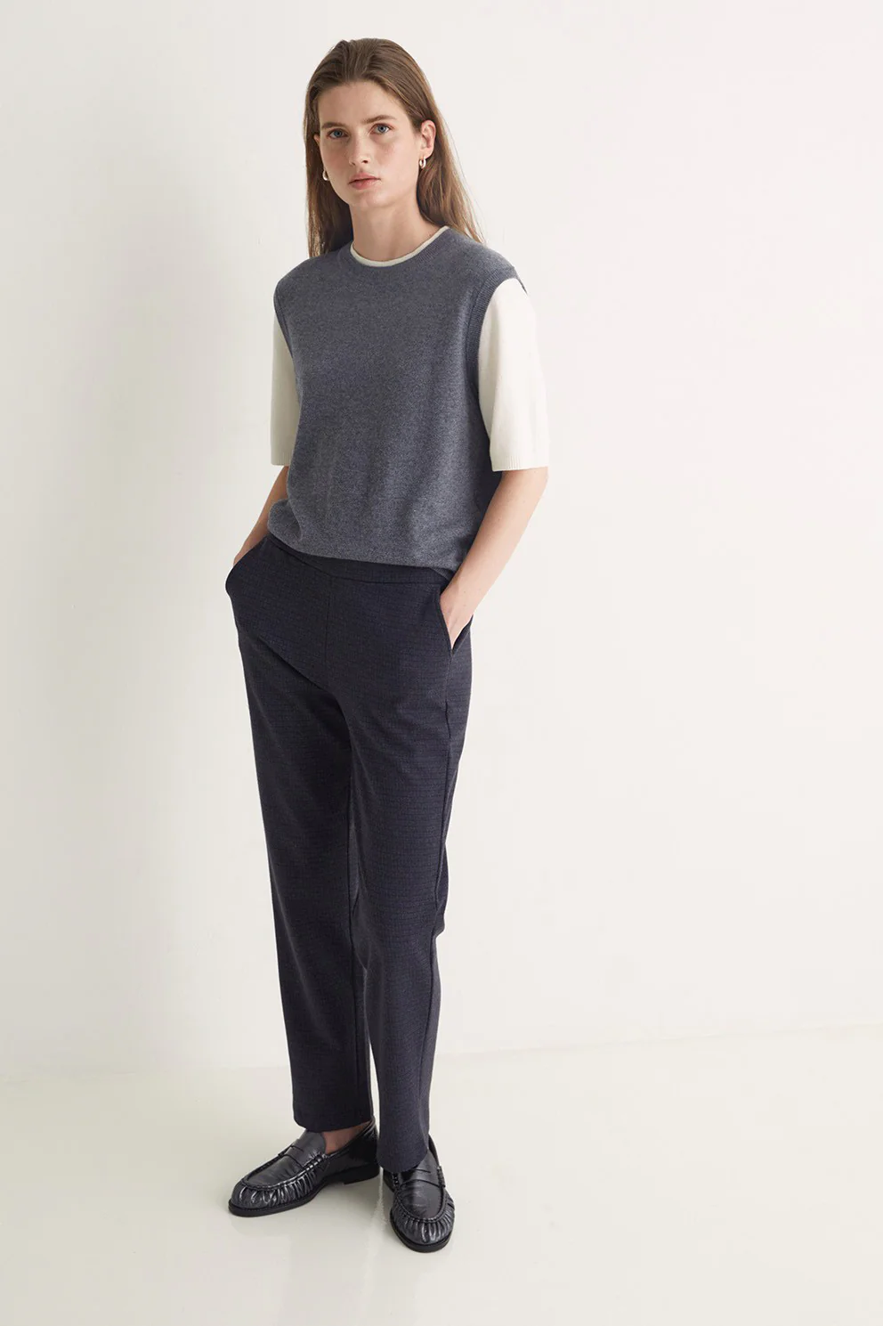 Jacquard Check Straight Trousers - Navy/Brown - Image 8
