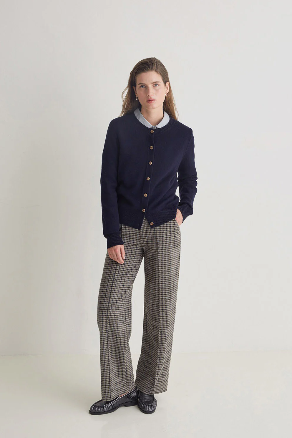 Jacquard Check Wide Leg Trousers - Grey - Image 2