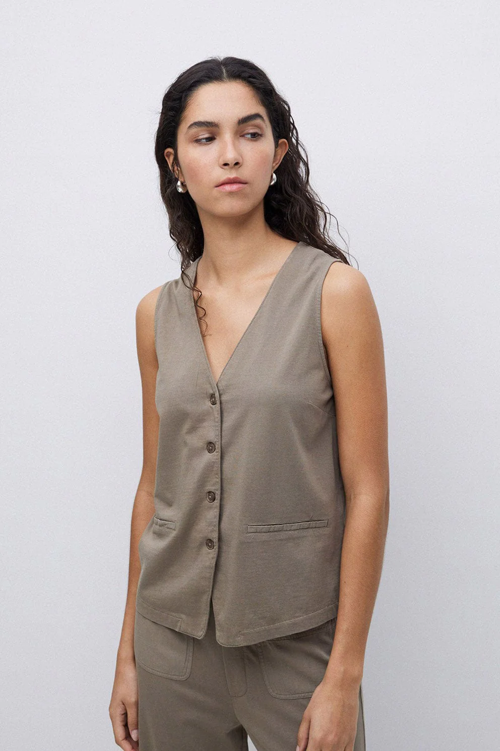 Jena Cotton Waistcoat - Kaki - Image 2